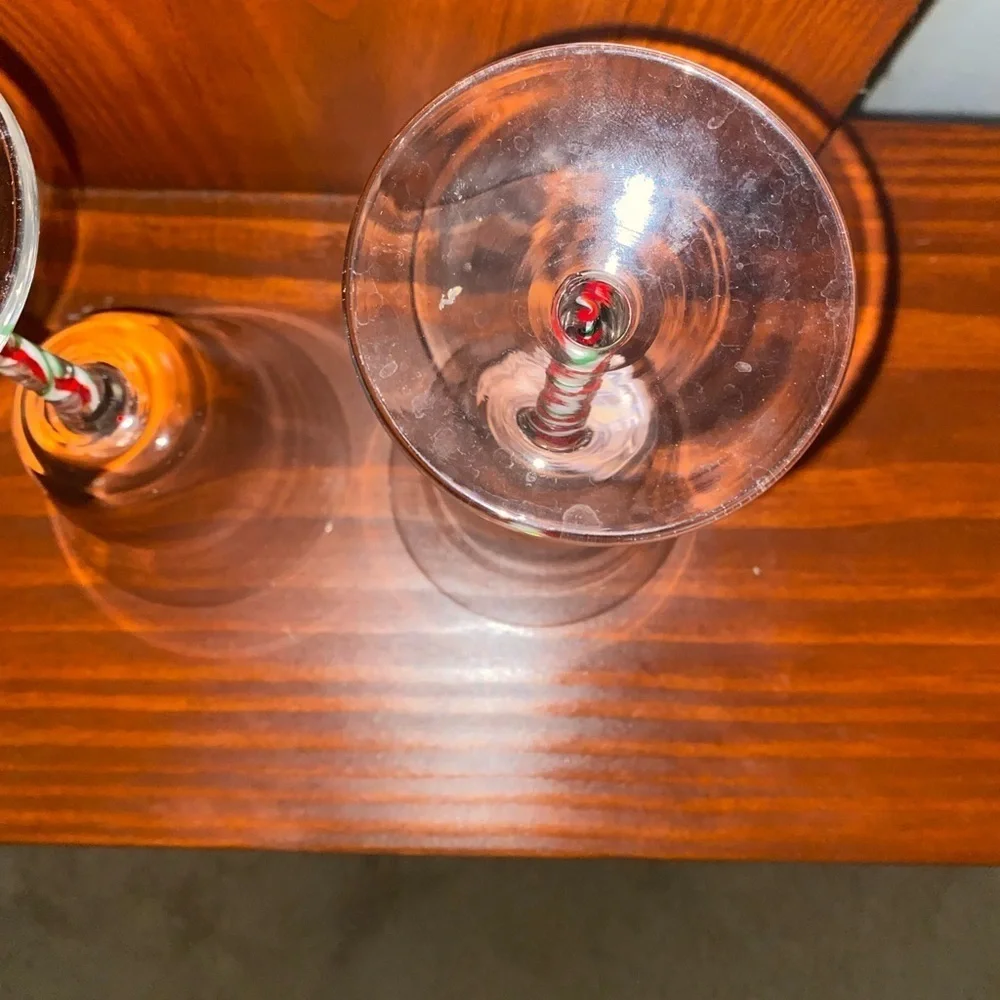 Pier 1 Glass Goblets Ribbon Candy RED WHITE GREEN Swirl Stems Set of 2 9